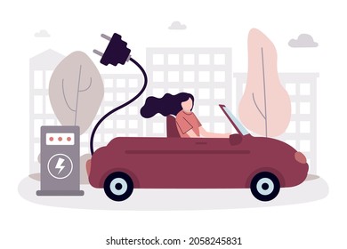 Cartoon woman driving eco transport. Happy girl rides electrified future transportation. Electric car with plug for charging motor. Improvement and care for environment. Flat vector illustration