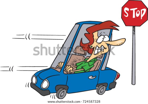 cartoon woman driving in reverse to a stop sign she\
forgot to stop at