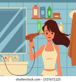 Cartoon woman drying her hair with electric dryer in bathroom interior - female character doing a hairstyle during morning routine, flat vector illustration