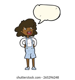 cartoon woman in dungarees with speech bubble