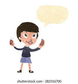 cartoon woman eating hotdogs with speech bubble