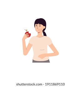 Cartoon woman eating red apple - young girl chewing healthy fruit and smiling isolated on white background. Flat vector illustration.