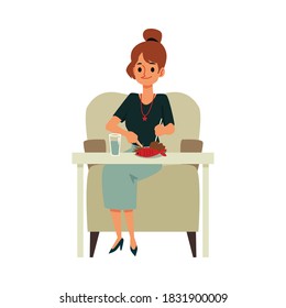 Cartoon woman eating red fish meal sitting on a chair with table - happy girl ready to eat fresh sea food meal. Flat vector illustration isolated on white background.