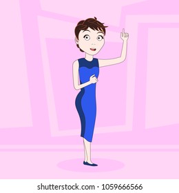 Cartoon Woman In Elegant Dress Point Finger Up Over Abstract Pink Background