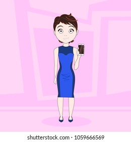 Cartoon Woman In Elegant Dress Show Empty Screen Of Cell Smart Phone Over Abstract Pink Background