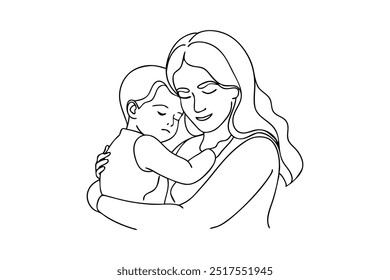 Mulher de desenhos animados abraça seu filho linha preta contínua arte isolada vetor plana ilustração no fundo branco.eps
