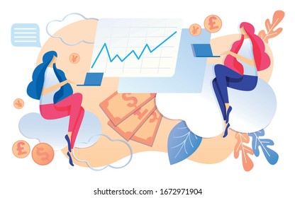 Cartoon Woman Employee Work on Notebook Vector Illustration. Business Company Accounting. Money Dollar Coins. Financial Efficiency Graphic Grow on Screen. Productivity Time Management