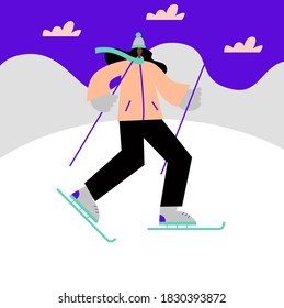 Cartoon woman enjoying outdoor ski activity surrounded by snowflakes vector flat illustration. Female in sports winter clothing skiing on snow mountains background.