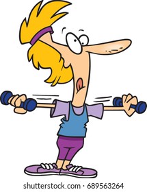 cartoon woman exercising with dumbbells