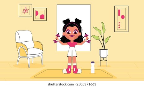 Cartoon woman exercising with dumbbells in a bright living room. Modern home workout concept with cheerful design elements.

