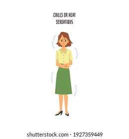 Cartoon woman experiencing chills or heat sensation - illness or stress symptoms. Sad girl in office worker clothes looking worried and nervous - flat isolated vector illustration.