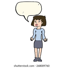 mujer de dibujos animados explicando con burbuja de habla