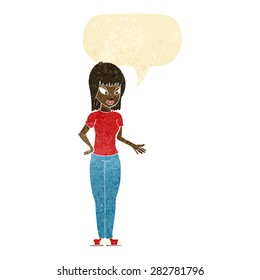 cartoon woman explaining with speech bubble