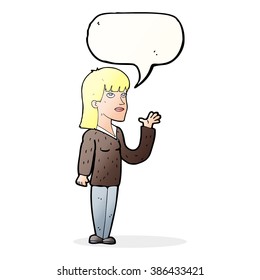 mujer de dibujos animados explicando con burbuja de habla