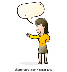 mujer de dibujos animados explicando con burbuja de habla