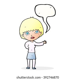mujer de dibujos animados explicando con burbuja de habla