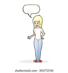 mujer de dibujos animados explicando con burbuja de habla