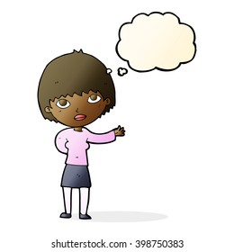 cartoon woman explaining with thought bubble