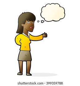 mujer de dibujos animados explicando con burbuja de pensamientos