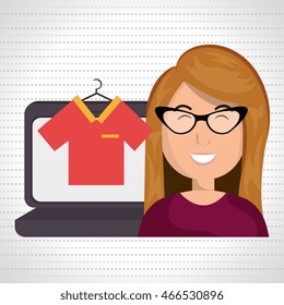 cartoon woman with eyeglasses next to a laptop and a coloured shirt and a clothespin in the screen over a white background vector illustration 