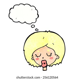 cartoon woman with eyes closed with thought bubble