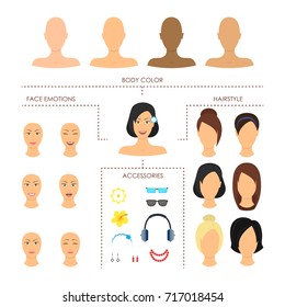 Cartoon Woman Face Constructor Element Set Female Beauty Concept Flat Design Style. Vector illustration of Girl Faces Creator