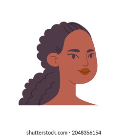 Cartoon Woman Face. Head Of An African American Woman With Long Curly Hair Pulled Back Into A Ponytail. Female Avatar Illustration Vector Isolated On White Background.