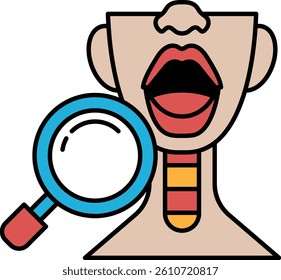 A cartoon of a woman face with a magnifying glass over her neck. The mouth is open and the neck is red