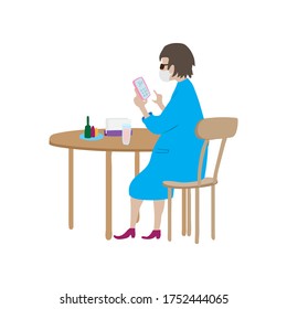 Cartoon woman in face mask sits at table in cafe. Restaurant visitor uses calculator in her phone.