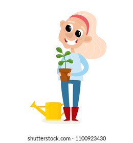 Cartoon woman farmer with plant in pot and watering can isolated on white. Standing and smyling female character in red wellingtons