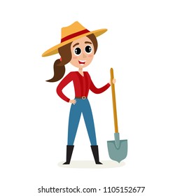 Cartoon woman farmer with shovel isolated on white. Standing and smyling female character in hat and red shirt