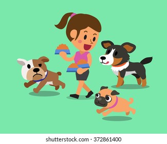Cartoon woman feeding dogs