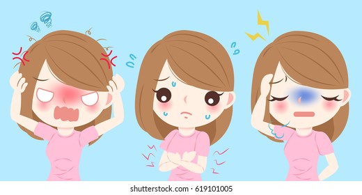 cartoon woman feel bad with menstrual period on blue background