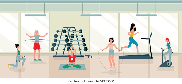 Cartoon woman in female gym interior doing fitness exercises with sport equipment. Athlete girls running, jumping and working out together - vector illustration.