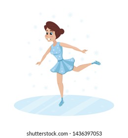 Cartoon Woman Figure Skating at Sports Ice Arena. Beautiful Female Character in Dress Isolated on White. Attractive Smiling Girl Skater Actress Performing Dance. Vector Flat Illustration