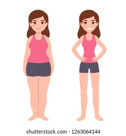 Cartoon woman in fitness clothes with two body types: overweight and slim. Weight loss before and after illustration.