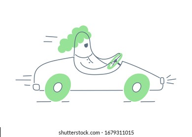 Cartoon woman flies at the wheel of a racing car. Urgent task, quick decisions, fast service, high speed, manufacturability and simplicity. Flat line vector illustration concept on white.