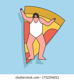Cartoon woman floating on air mattress in sea or swimming pool top view. Girl on funny mattress enjoy water and summer sun during vacation. Summertime and recreation concept. Vector illustration