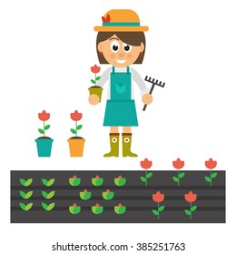 cartoon woman with flower and garden