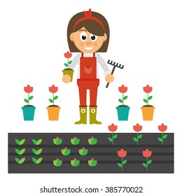 cartoon woman with flower and overalls and garden