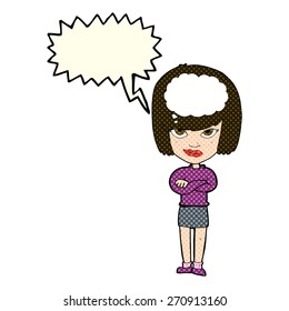 cartoon woman with folded arms imagining with speech bubble