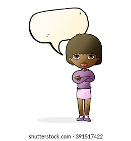 cartoon woman with folded arms with speech bubble