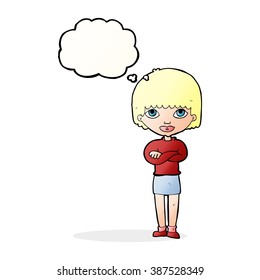 cartoon woman with folded arms with thought bubble