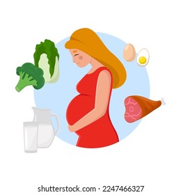 Cartoon woman and food for baby health isolated on white background. Diet for pregnant mother flat vector illustration. Pregnancy, nutrition, food concept