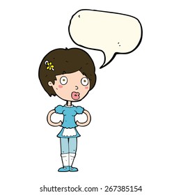 cartoon woman in french maid outfit with speech bubble