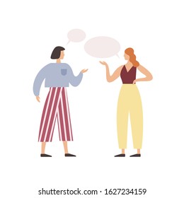 Cartoon woman friend talking with speech bubbles vector flat illustration. Two people communication each other isolated on white background. Female gossip character discussing