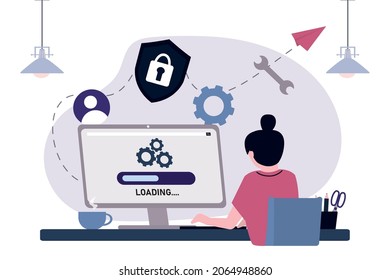 Cartoon woman in front of computer with system update. Female character on workplace. Improvement change new version. Computer screen with loading. Installing update process. Flat vector illustration