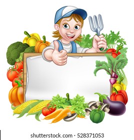A cartoon woman gardener holding a gardening tool and giving a thumbs up with a sign surrounded by vegetables and fruit garden produce
