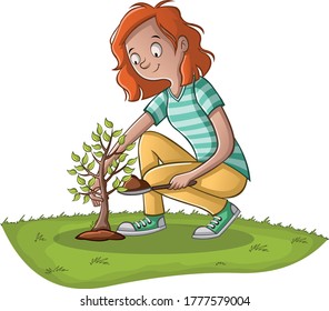 Cartoon woman gardening. Woman planting tree on green grass.