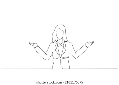 Cartoon of woman gesturing with hands and showing balance. Continuous line art style
